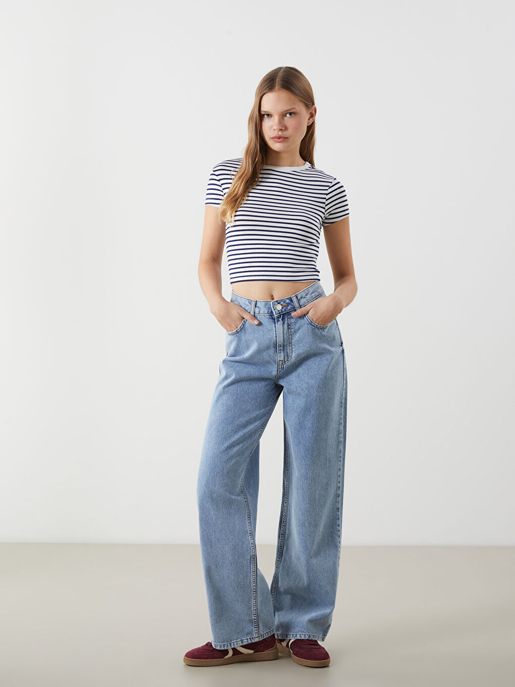 Crew Neck Striped Women's  Tops | White and Navy Blue