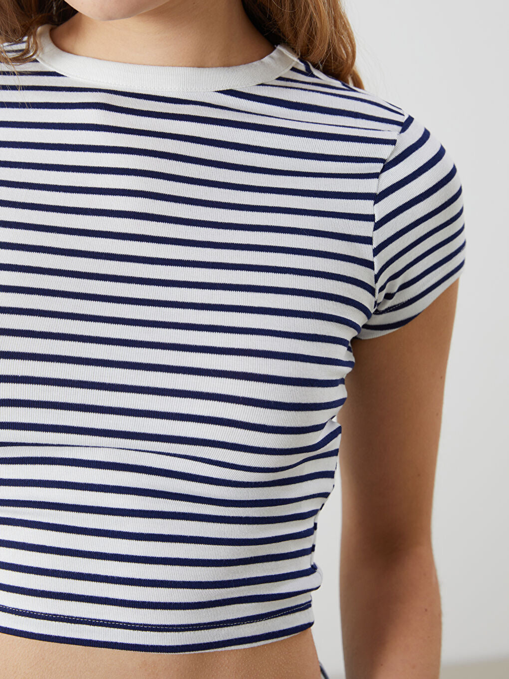 Crew Neck Striped Women's  Tops | White and Navy Blue