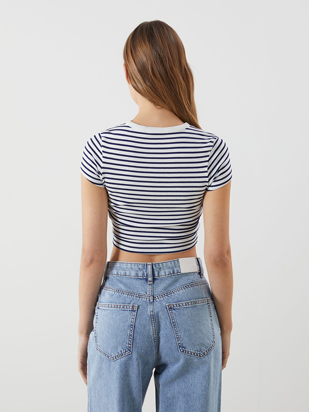 Crew Neck Striped Women's  Tops | White and Navy Blue