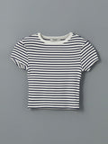 Crew Neck Striped Women's  Tops | White and Navy Blue