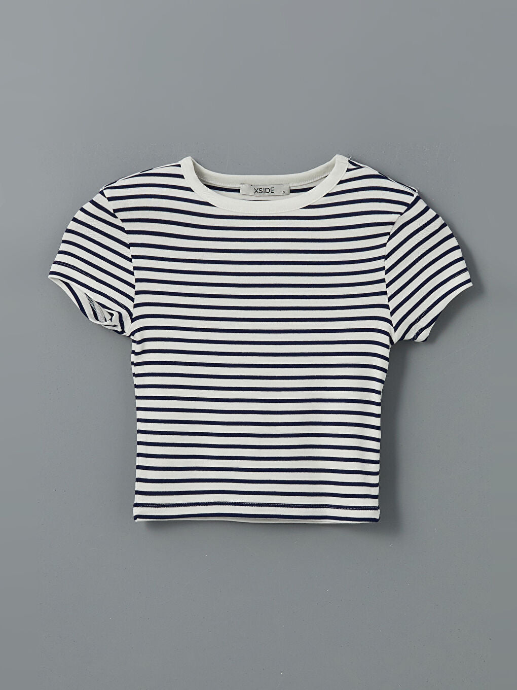 Crew Neck Striped Women's  Tops | White and Navy Blue