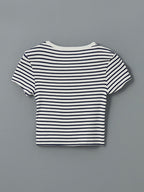 Crew Neck Striped Women's  Tops | White and Navy Blue