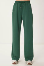 Ladies High Rise Wide Leg Joggers Green | Cotton Recycled Polyester Joggers for Women