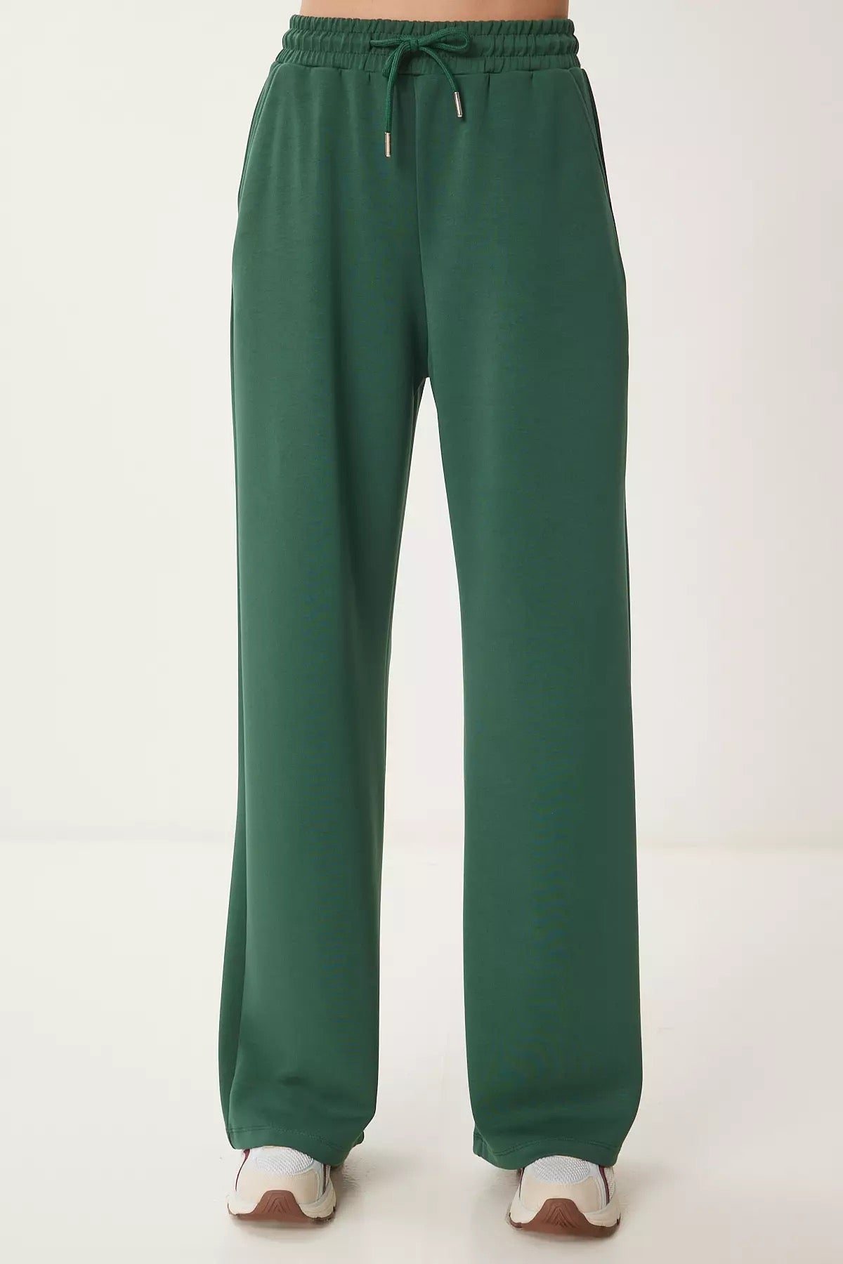Ladies High Rise Wide Leg Joggers Green | Cotton Recycled Polyester Joggers for Women